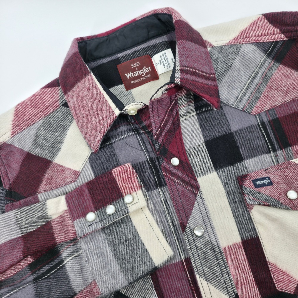 Vintage Wrangler Mens Plaid Pearl Snap Flannel Shirt long tall Large 1980s red
